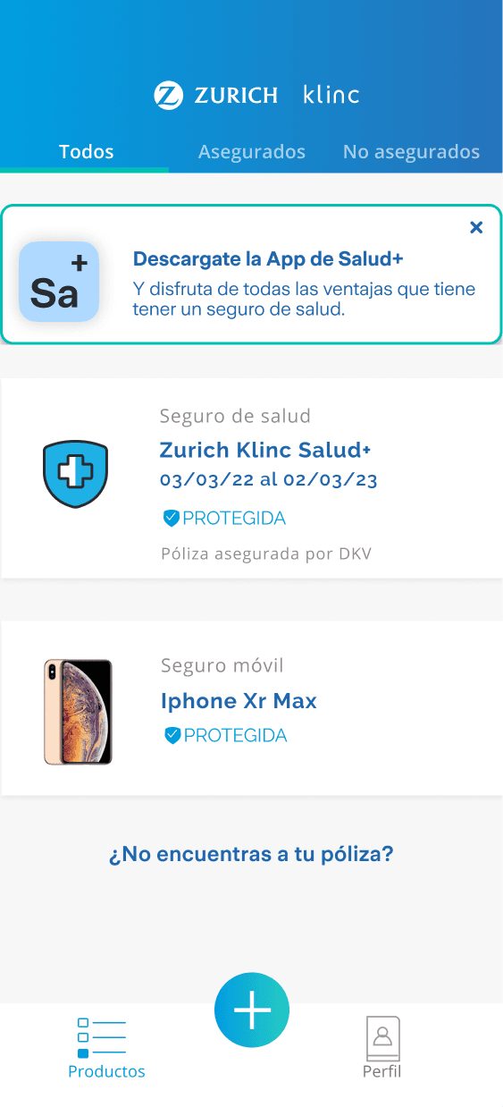 Klinc main screen showing a customer's policies, a health insurance policy and a mobile phone policy, both marked as protected.