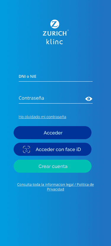 Klinc login screen with fields for ID number and password, and buttons to sign in, sign in with Face ID or create an account.