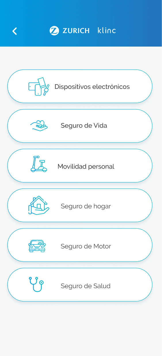 Klinc product menu listing six insurance options: electronic devices, life, personal mobility, household, motor and health.