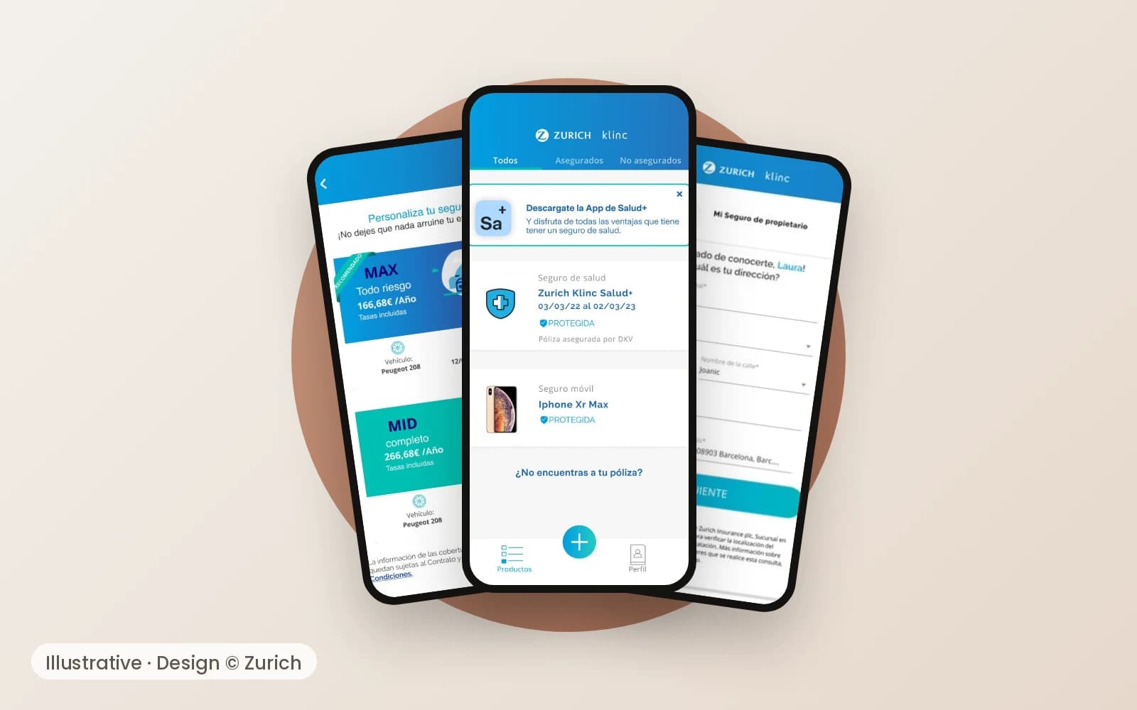 Illustrative mock-up of Zurich Klinc app screens. Design © Zurich, shown for portfolio purposes only.