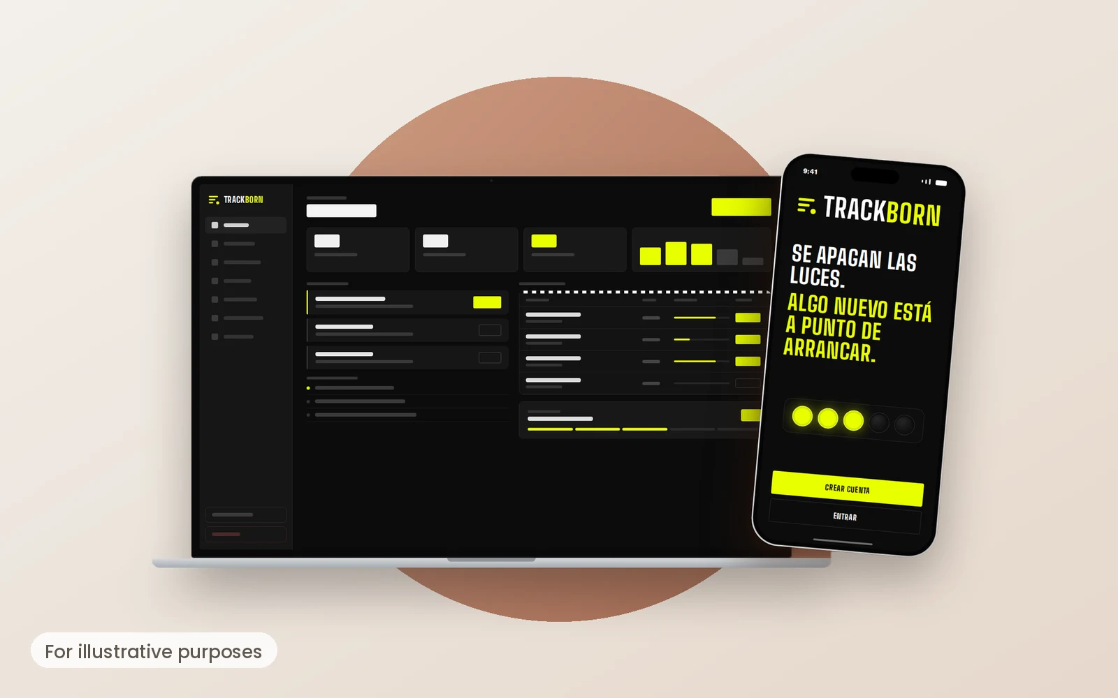 Illustrative mock-up in TRACKBORN's black and yellow brand: a desktop app and a phone showing the teaser with the starting lights. Not a final product.