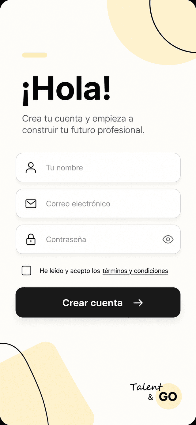 Onboarding prototype screen 2 of 6: create account (in Spanish)