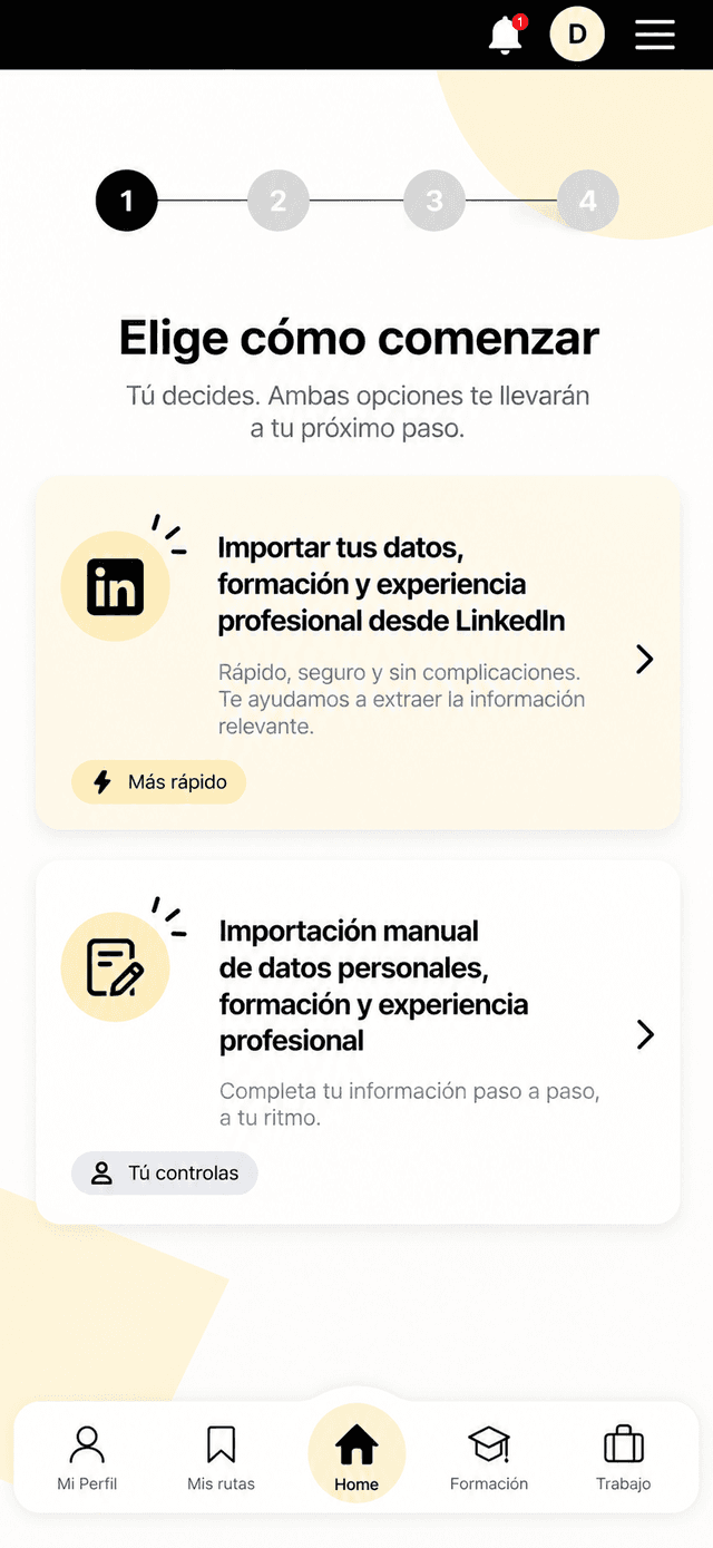 Onboarding prototype screen 4 of 6: choose how to start (in Spanish)