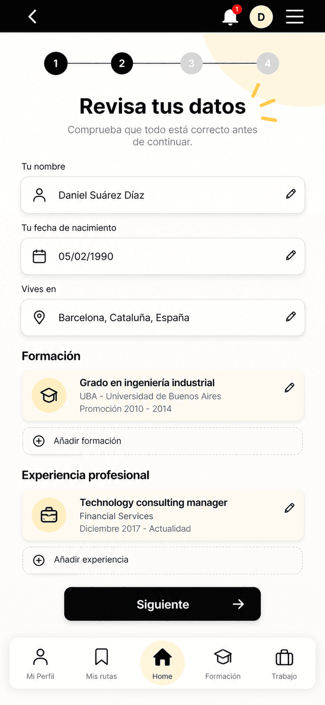 Onboarding prototype screen 6 of 6: review your data (in Spanish)