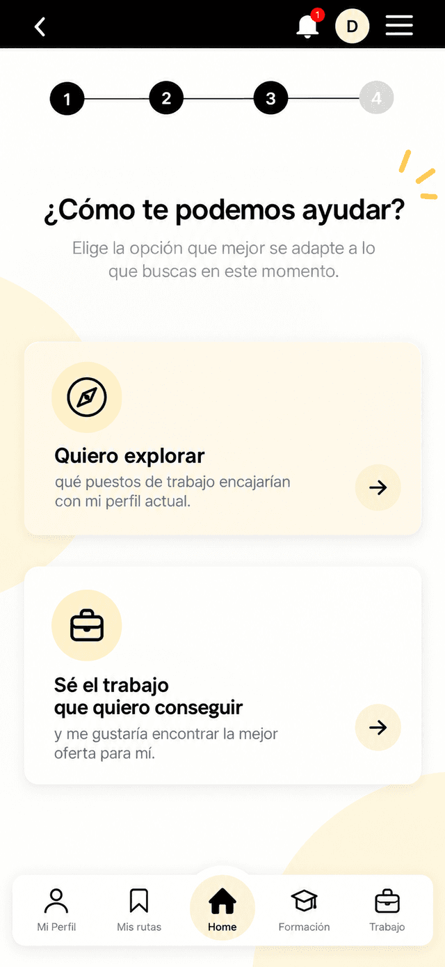 Career discovery prototype screen 1 of 6: how can we help (in Spanish)