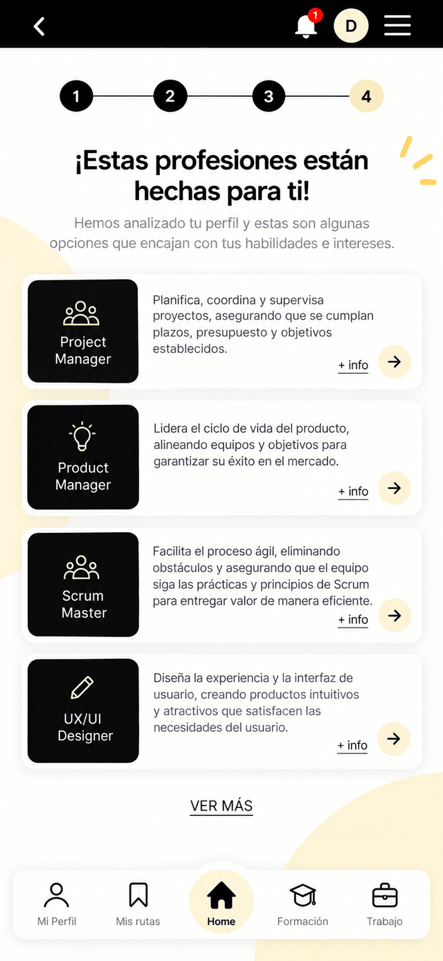 Career discovery prototype screen 4 of 6: professions for you (in Spanish)