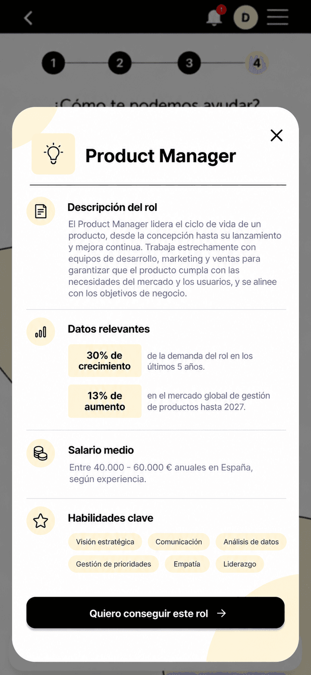 Career discovery prototype screen 5 of 6: role detail (in Spanish)