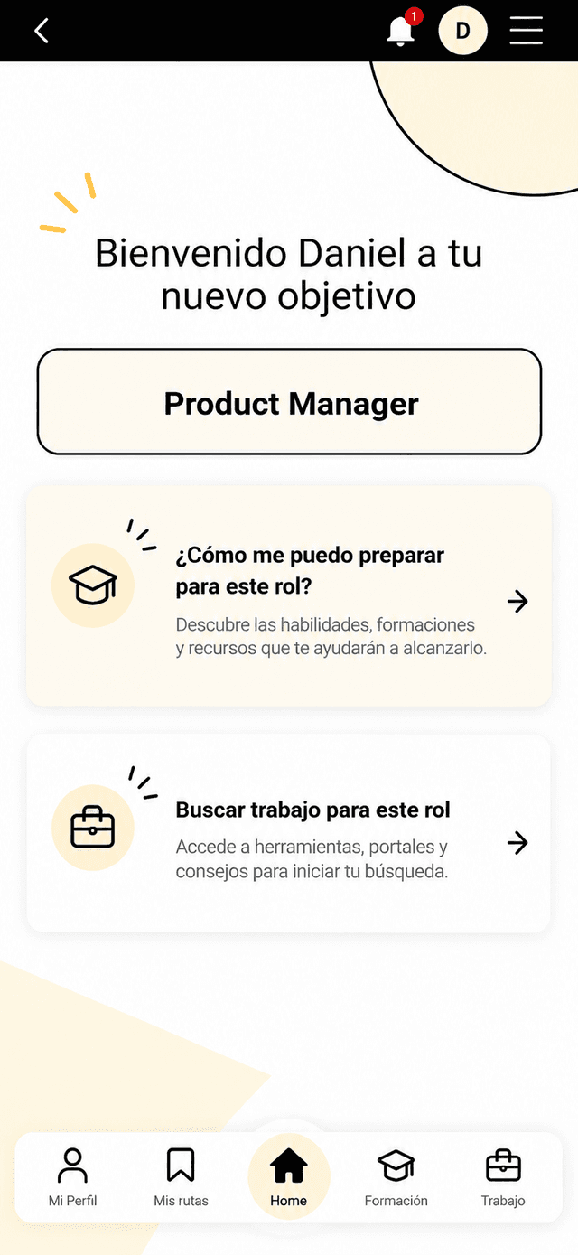 Career discovery prototype screen 6 of 6: your new goal (in Spanish)