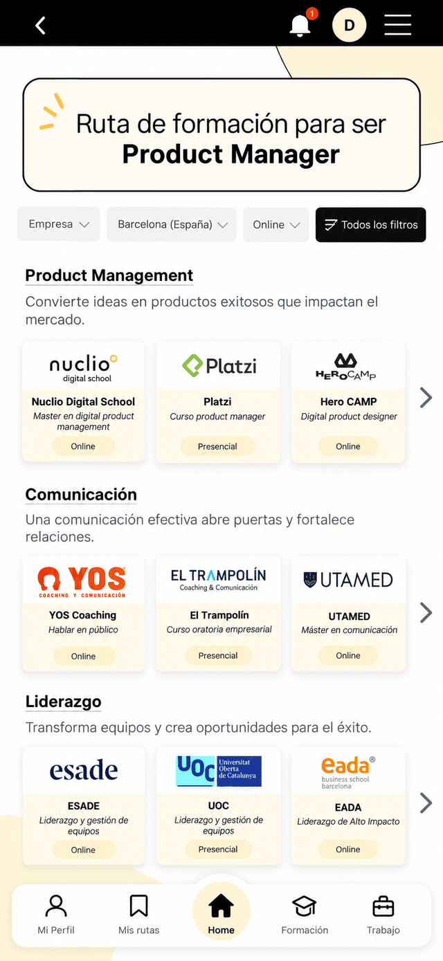 Learning path and jobs prototype screen 1 of 3: learning path (in Spanish)