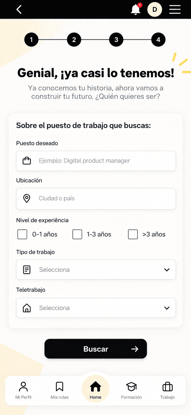 Learning path and jobs prototype screen 2 of 3: job search (in Spanish)
