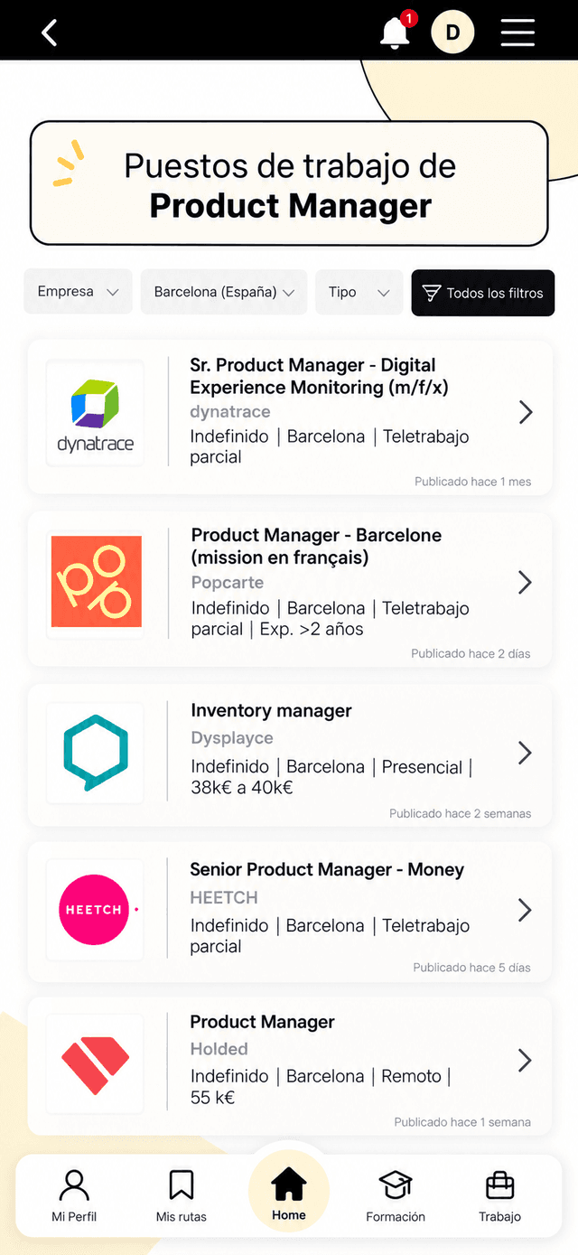 Learning path and jobs prototype screen 3 of 3: job listings (in Spanish)