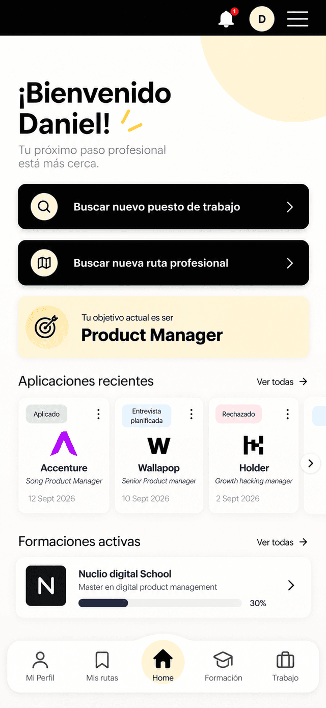 Applications prototype screen 1 of 4: home dashboard (in Spanish)