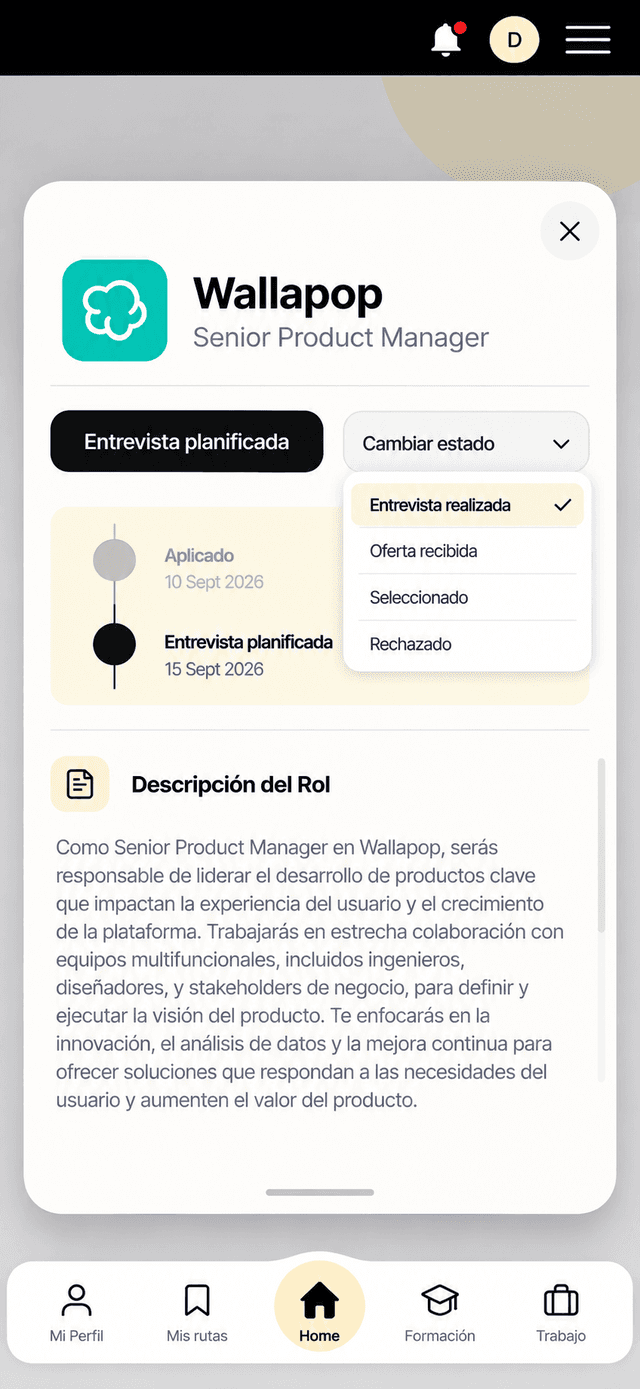 Applications prototype screen 4 of 4: change status (in Spanish)