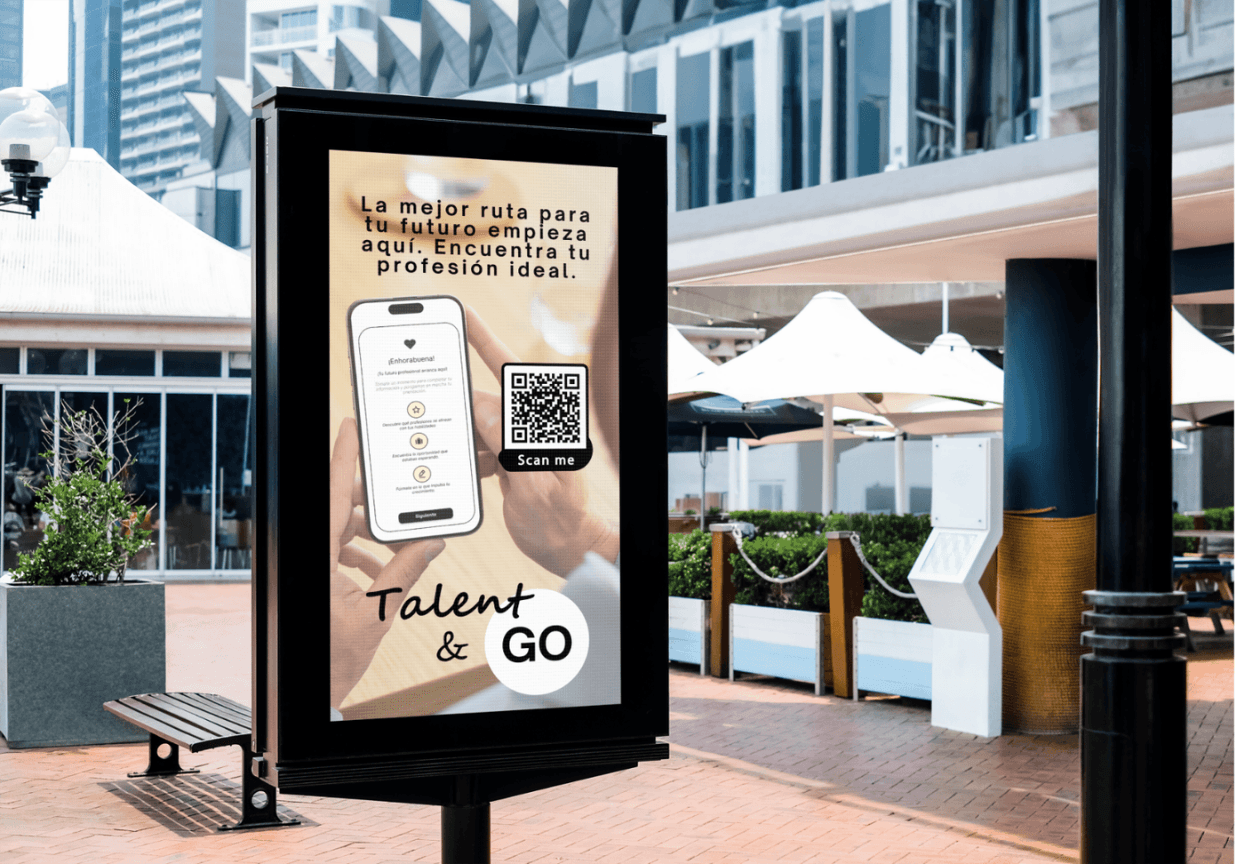 Mock-up of a street poster for Talent & Go with a QR code and the line 'Find your ideal profession', in Spanish.